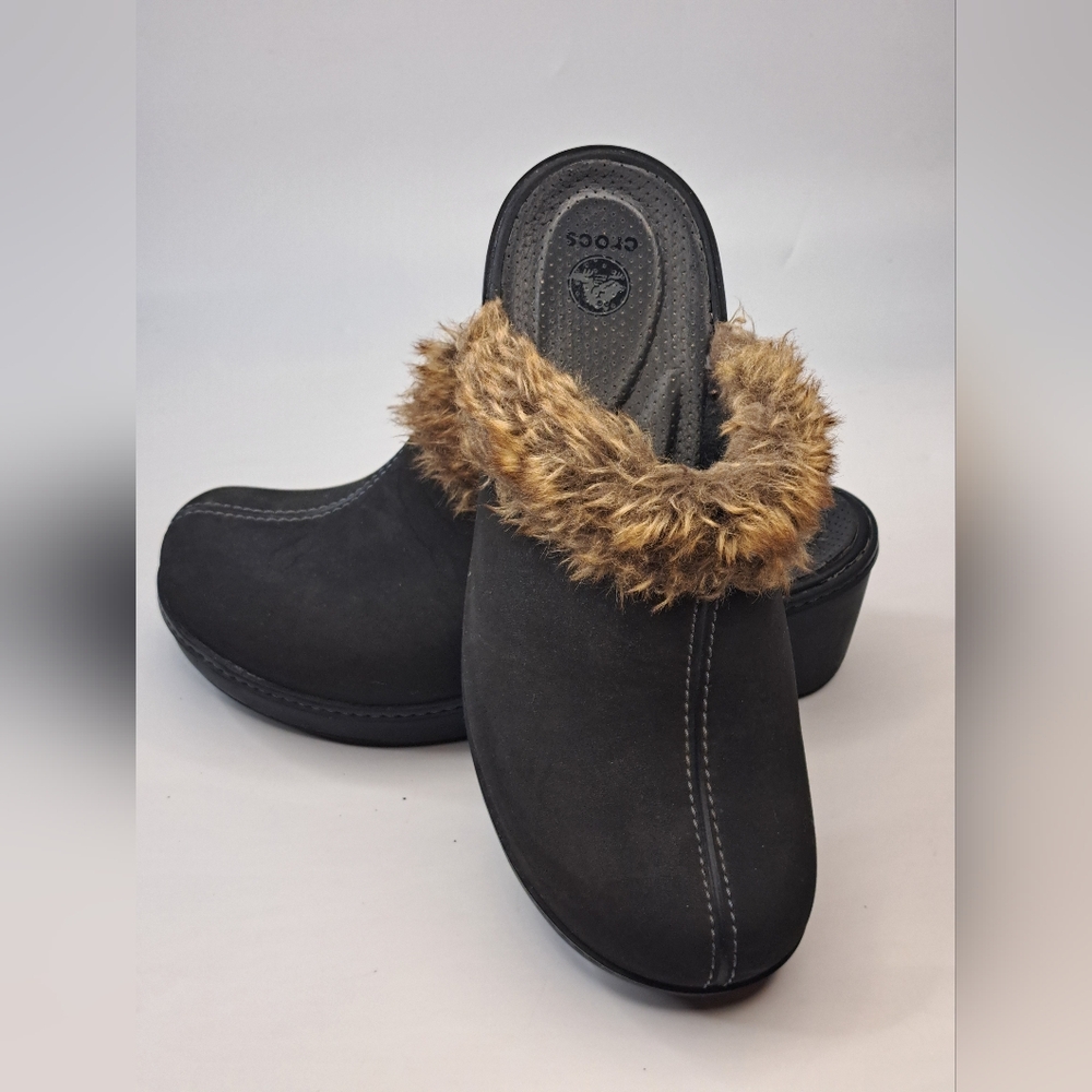 Crocs Brown Leather Fur Trim and Heeled Mules Clogs Slip On Woman's Size 10